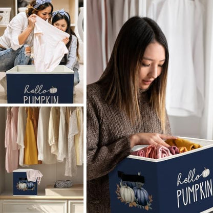 Blue Hello Fall Pumpkin Storage Boxes, Fall Pumpkin Cube Storage Bin