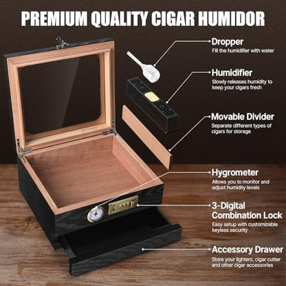 Tesonway Cigar Humidor, Cedar Wood Humidor Cigar Box, Glass Top