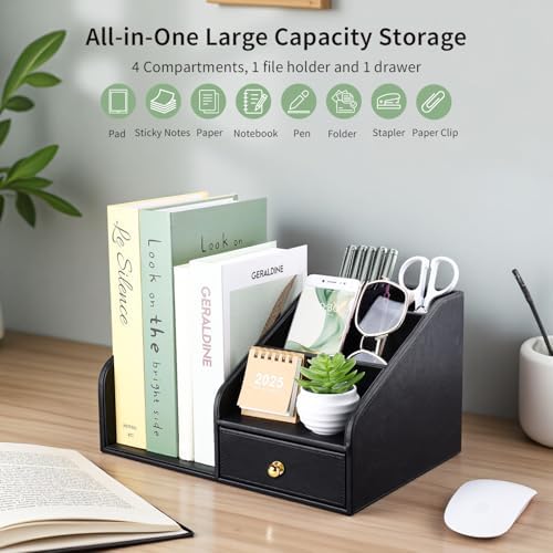 GORESE PU Leather Desk Organizer, File Organizer with Drawer and 4
