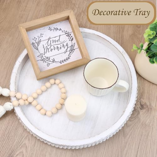 Round Wood Serving Tray with Beads, White Washed Wooden Decorative