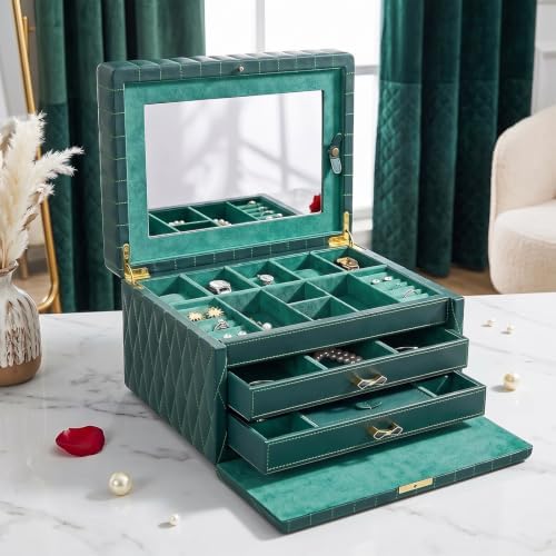 Genuine Leather Jewelry Box for Women, 3 Layer, Green