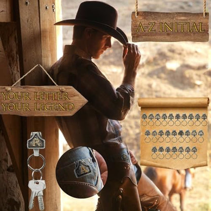 XZYLY Vintage Western Cowboy Letter Keychain,Handmade Metal A-Z