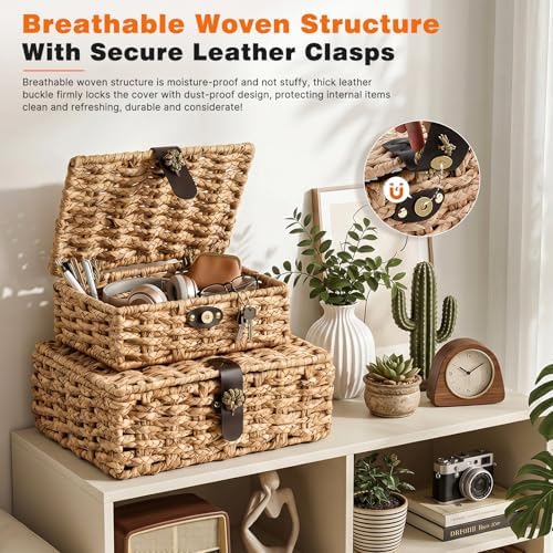 Storage Boxes with Lids, Set of 2 Water Hyacinth Wicker Baskets
