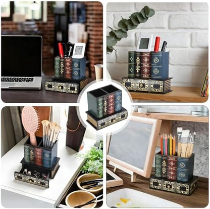 Antique Book Pencil Holder for Desk, Wooden Pen Cup with Drawer