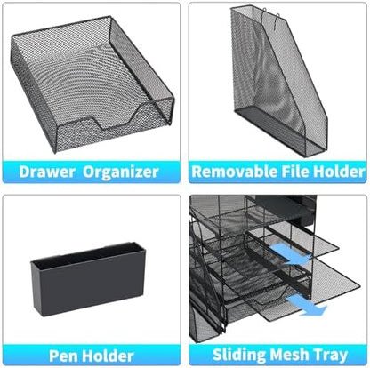 5-Tier Desk File Organizer with Drawer & Pen Holder (Black)