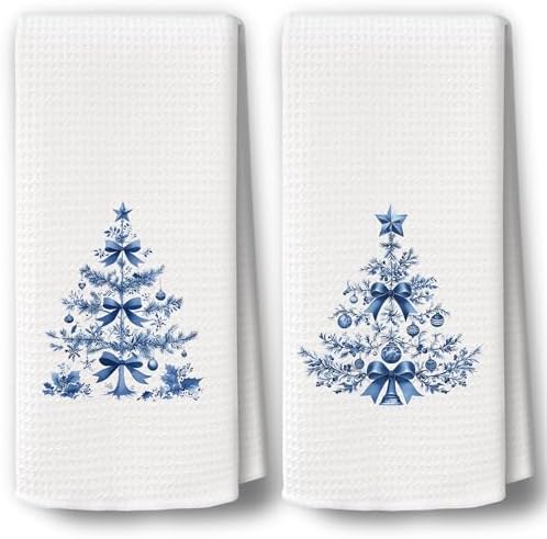 Chinoiserie Christmas Kitchen Towels Decor Set of 2 - Blue Christmas
