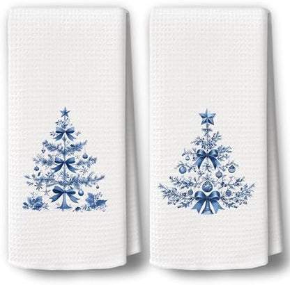 Chinoiserie Christmas Kitchen Towels Decor Set of 2 - Blue Christmas
