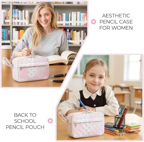 WOBAGMEN Quilted Pencil Pouch for Girls Women, Large Pencil Case Pouch