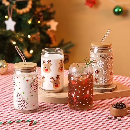 Christmas Reindeer Cup, 16oz Clear Glass Cups with Lids and Straws
