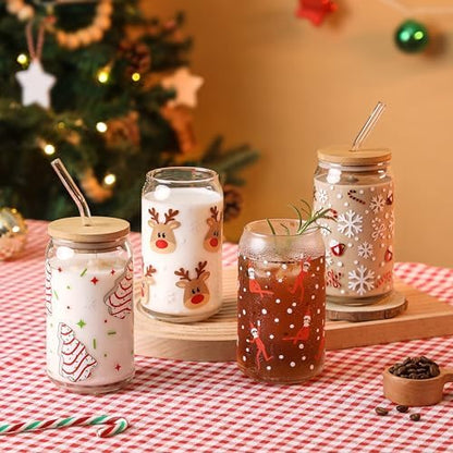Christmas Reindeer Cup, 16oz Clear Glass Cups with Lids and Straws
