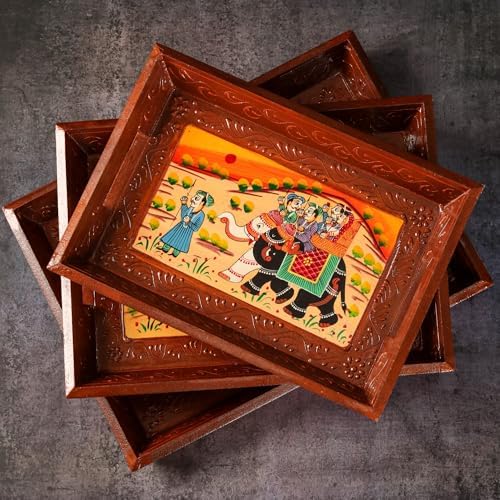 Swadeshi Blessings Hand-Painted Wooden Serving Tray Set of 3, Brown