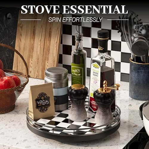 10.2-Inch Black and White Checkerboard Lazy Susan with Oak Base