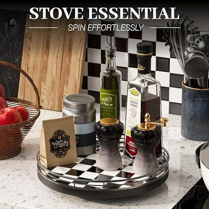 10.2-Inch Black and White Checkerboard Lazy Susan with Oak Base