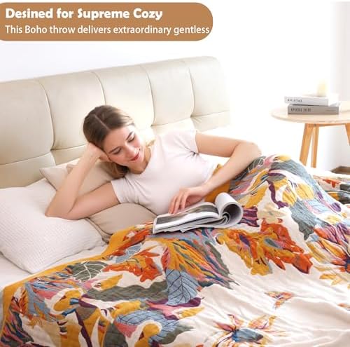VANJOROY Boho Throw Blanket, 100% Organic Cotton 50x60 for Couch Bed