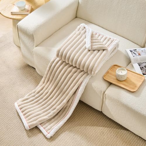 Flannel Throw Blanket, Soft Plush for Couch Bed Beige 40x50 in