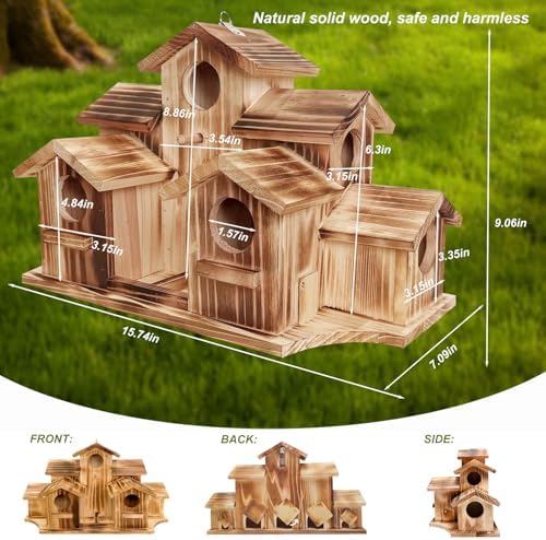 Wooden Bird House for Outside, 7-Compartment Large Birdhouse Castle