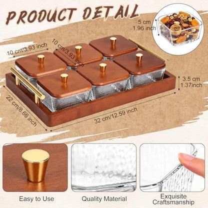 Domensi 6 Glass Snackle Box with Wood Tray and Lids Dry Fruit