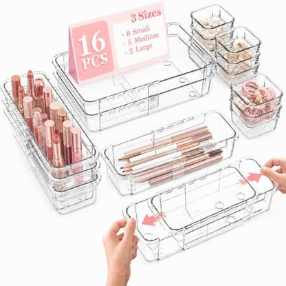 Adjustable Clear Drawer Storage Organizer, 16 Pack 3 Sizes Expandable