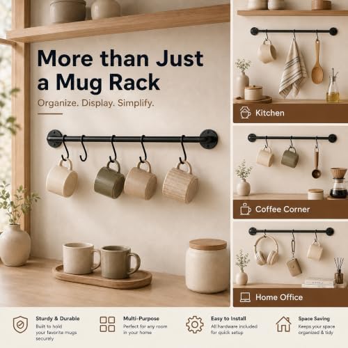 Wall Mounted Coffee Mug Holder, 2 Pack Coffee Cup Rack with 10