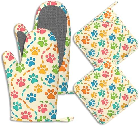 Cat Dog Paw Prints Oven Mitts and Pot Holders Colourful Footprint
