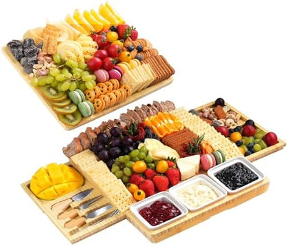 Large Bamboo Charcuterie Board, Double Pull-Out Trays Set, Natural