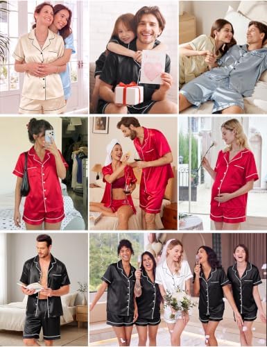 Ekouaer Couple Matching Pajamas Sets Silk Short Sleeve Button Up