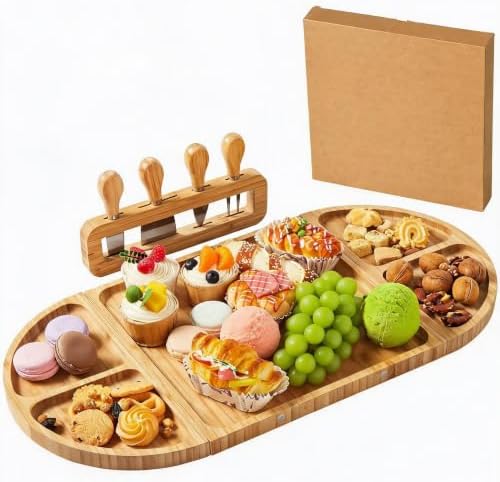Extra Large Bamboo Cheese Platter Board Set with Magnetic Knife Holder