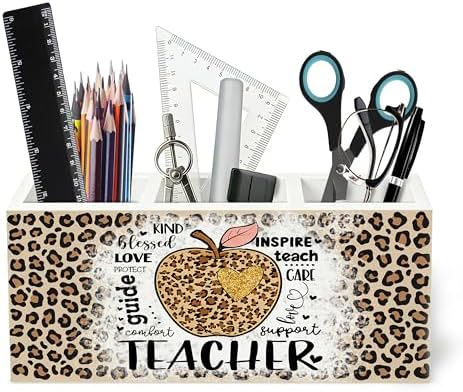 Leopard Print Teacher Wooden Pen Holder for Desk, Teacher Appreciation