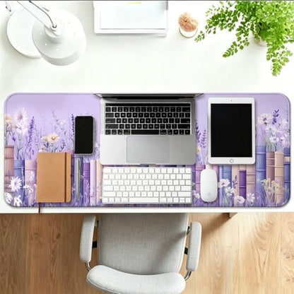 Pretty Wildflower and Book Gaming Desk Mat & Mouse Pad, Purple, XL