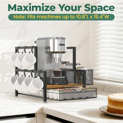 EsLuker.ly Coffee Bar Station Organizer with K Cup Drawer, 7 Mug Hooks