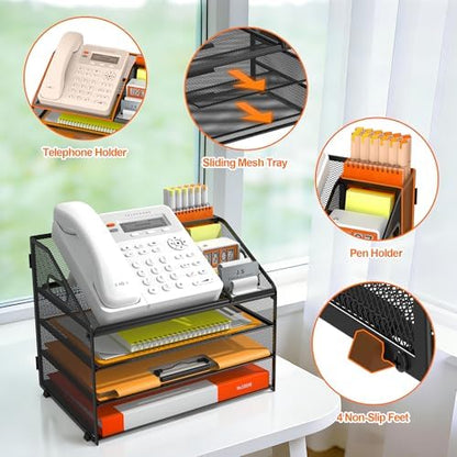 DocNest 4 Tier Metal Mesh Desk File Organizer with Phone Shelf, Black
