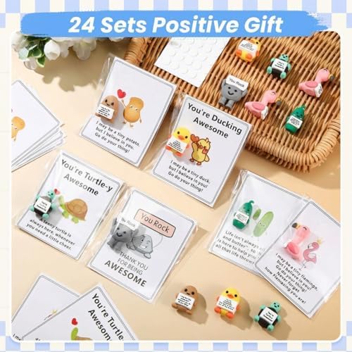 Gejoy 24 Sets Mini Rubber Figures Positive Gifts with Cards for