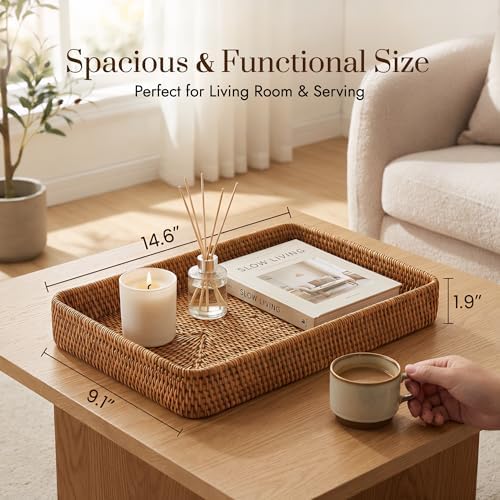 14.6" x 9.1" Large Wicker Storage Tray, Natural Rattan Basket