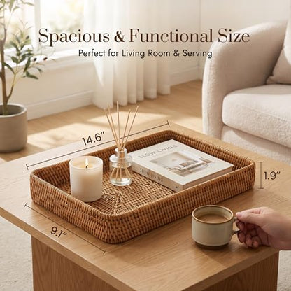 14.6" x 9.1" Large Wicker Storage Tray, Natural Rattan Basket