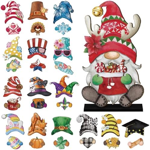 Blulu 34 Pcs Interchangeable Wooden Gnome Sign, Retro Watercolor
