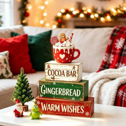 Gingerbread Tiered Tray Decor, 4 Pcs Wooden Block Signs, Christmas