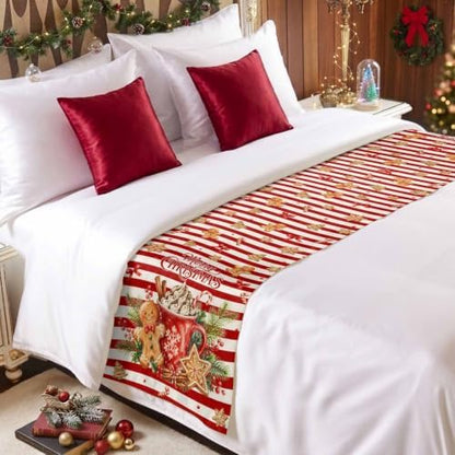 Merry Christmas Bed Runner Scarf Twin Size, Xmas Cocoa Mug Gingerbread