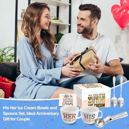 Anniversary Couple Gifts Ice Cream Bowls and Spoon Scoop Set, His And