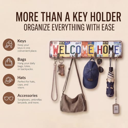 Hicarer Vintage Key Holder Wall Mount Welcome Home Metal Organizer