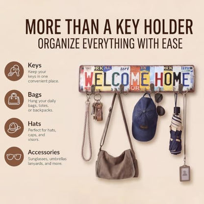 Hicarer Vintage Key Holder Wall Mount Welcome Home Metal Organizer