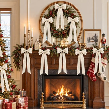 JOICEE 12Pcs Beige Velvet Bows Ornaments for Christmas Tree Decor