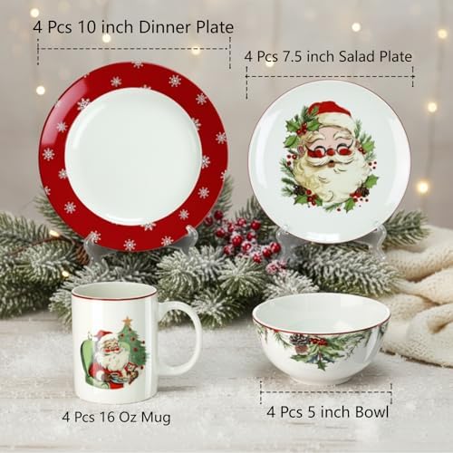 Pickmesh 16 Pcs Santa Christmas Dishes Dinnerware Set for 4 Guest