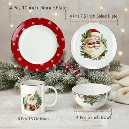 Pickmesh 16 Pcs Santa Christmas Dishes Dinnerware Set for 4 Guest