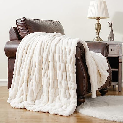 BATTILO Soft Ivory Faux Fur Throw Blanket for Couch, 50"x60", Double