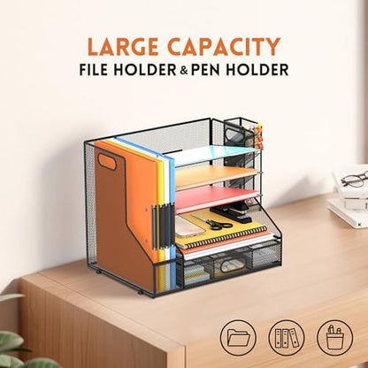 5-Tier Desk Organizer with File Holder & Pen Holder & Sliding Drawer
