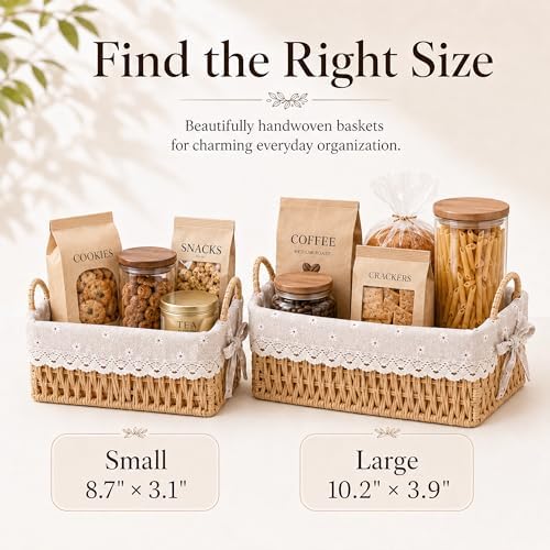 Handwoven Rattan Basket Tray with Handles & Washable Liner