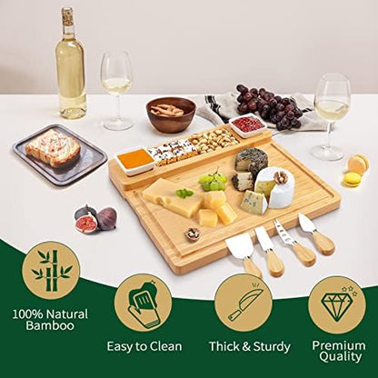 Charcuterie Boards and Knife Set - Bamboo Cheese Board - Wine Meat