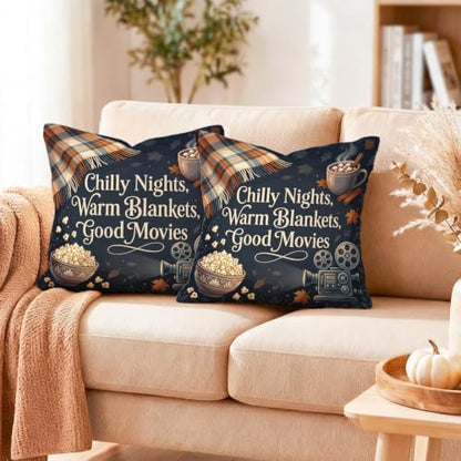 Cozy Movie Night Quote Projector Autumn Throw Pillow Covers 12x12 Set