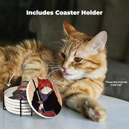 Ninja Cat Coasters Set of 6 - Cat Gifts for Men Anime Decor, Funny