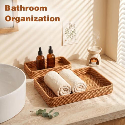 Rattan Serving Tray Set of 3 Rectangular Wicker Storage Baskets